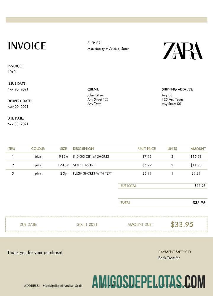 realista Modelo de fatura ZARA dos EUA